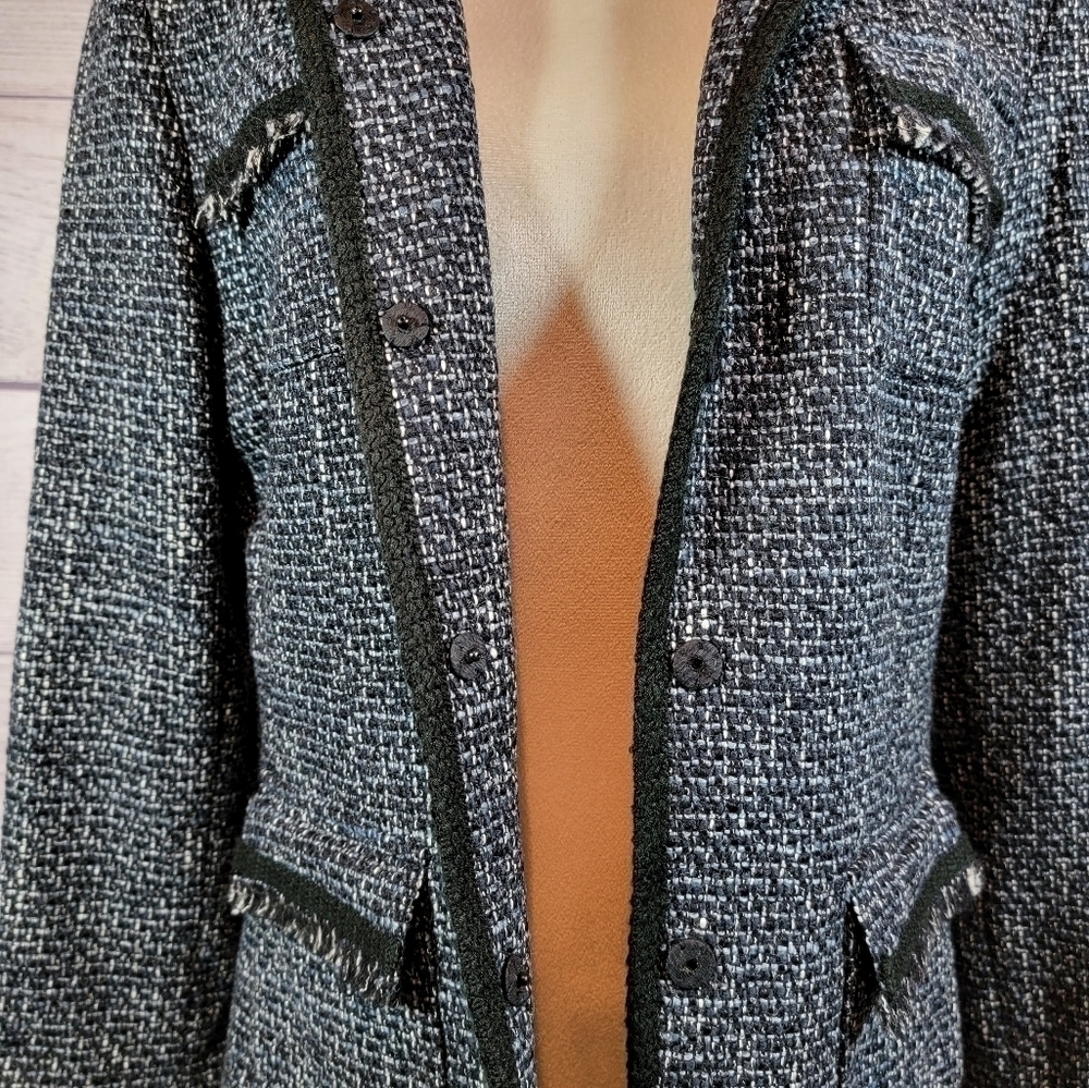 𝅺ELIE Tahari Tweed Fringe Wool Blend Jacket Black and White - Picture 7 of 9